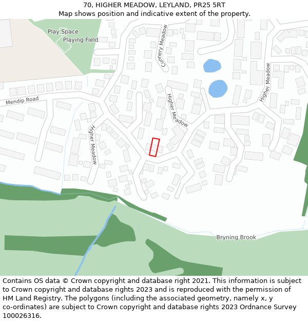 70, HIGHER MEADOW, LEYLAND, PR25 5RT: Location map and indicative extent of plot