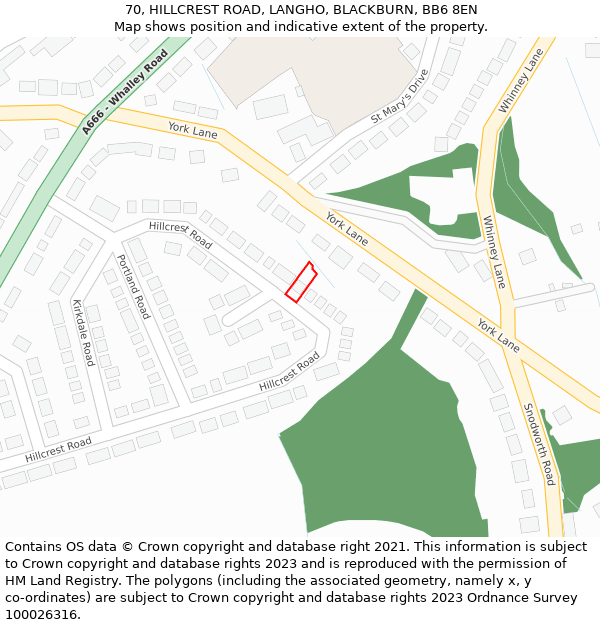70, HILLCREST ROAD, LANGHO, BLACKBURN, BB6 8EN: Location map and indicative extent of plot