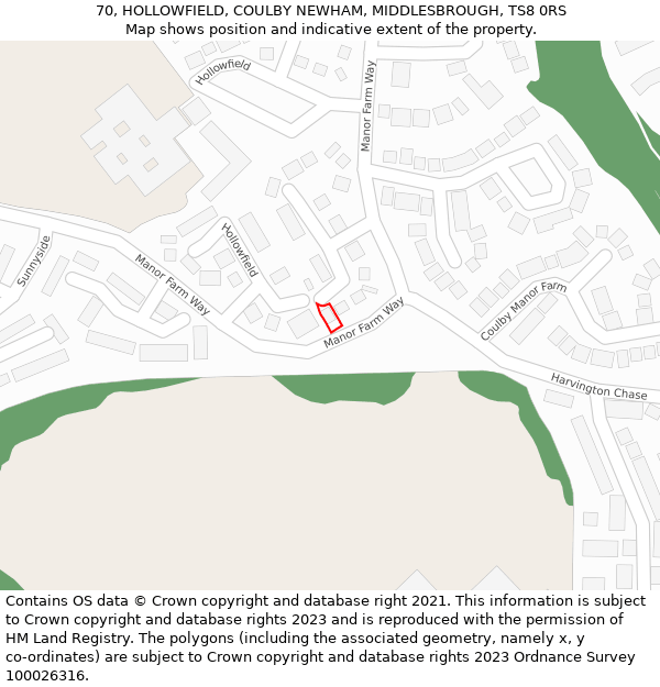 70, HOLLOWFIELD, COULBY NEWHAM, MIDDLESBROUGH, TS8 0RS: Location map and indicative extent of plot