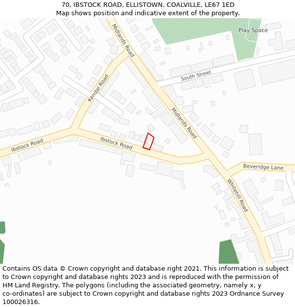 70, IBSTOCK ROAD, ELLISTOWN, COALVILLE, LE67 1ED: Location map and indicative extent of plot