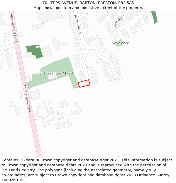 70, JEPPS AVENUE, BARTON, PRESTON, PR3 5AS: Location map and indicative extent of plot