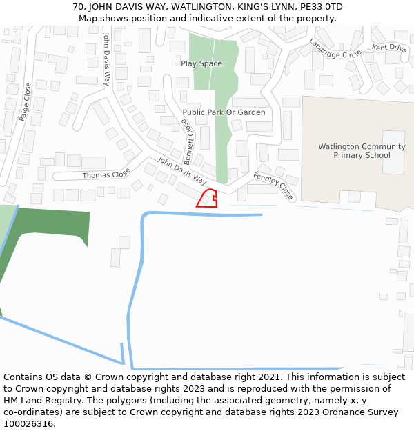 70, JOHN DAVIS WAY, WATLINGTON, KING'S LYNN, PE33 0TD: Location map and indicative extent of plot