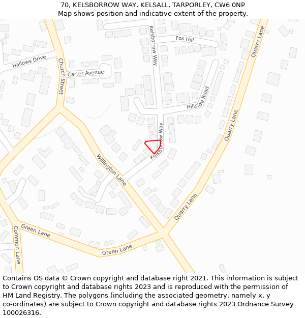 70, KELSBORROW WAY, KELSALL, TARPORLEY, CW6 0NP: Location map and indicative extent of plot