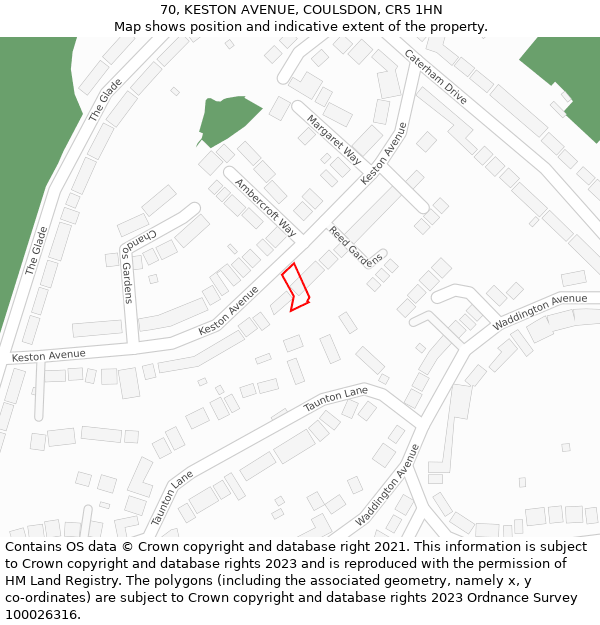 70, KESTON AVENUE, COULSDON, CR5 1HN: Location map and indicative extent of plot