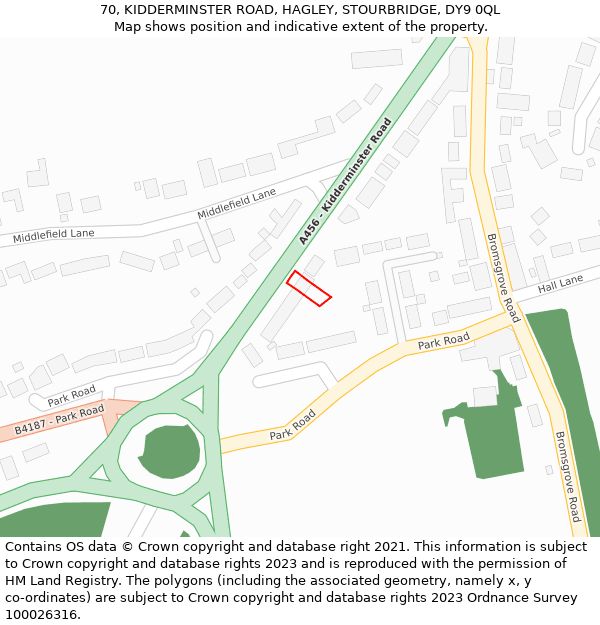 70, KIDDERMINSTER ROAD, HAGLEY, STOURBRIDGE, DY9 0QL: Location map and indicative extent of plot