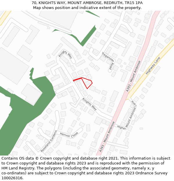 70, KNIGHTS WAY, MOUNT AMBROSE, REDRUTH, TR15 1PA: Location map and indicative extent of plot