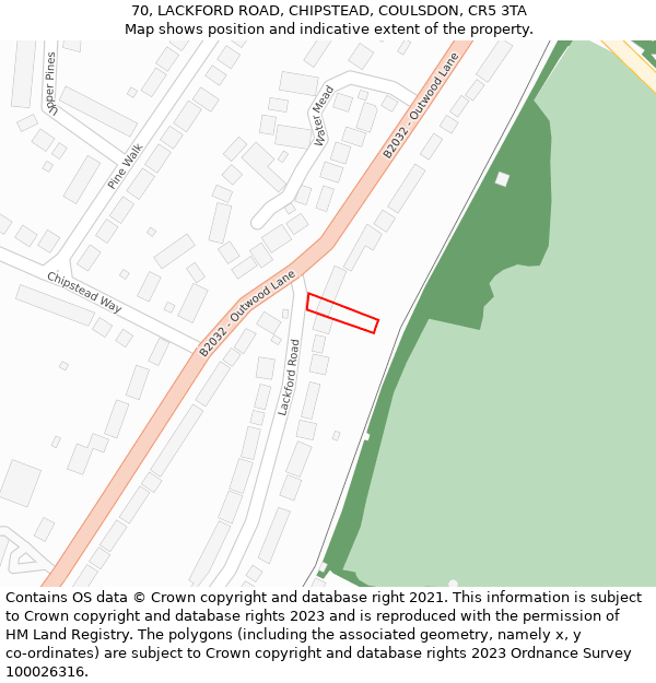 70, LACKFORD ROAD, CHIPSTEAD, COULSDON, CR5 3TA: Location map and indicative extent of plot