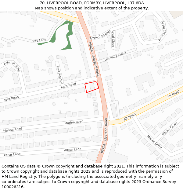 70, LIVERPOOL ROAD, FORMBY, LIVERPOOL, L37 6DA: Location map and indicative extent of plot