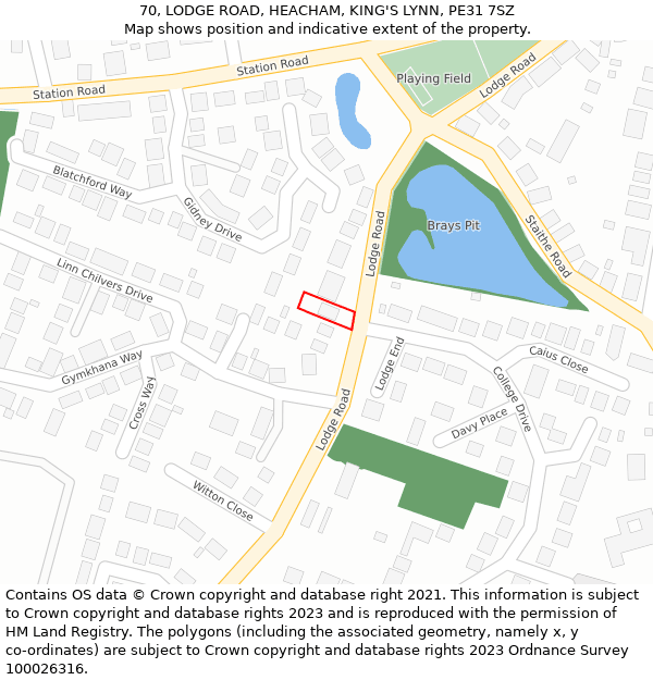 70, LODGE ROAD, HEACHAM, KING'S LYNN, PE31 7SZ: Location map and indicative extent of plot