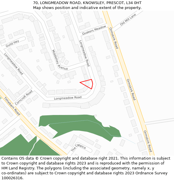 70, LONGMEADOW ROAD, KNOWSLEY, PRESCOT, L34 0HT: Location map and indicative extent of plot