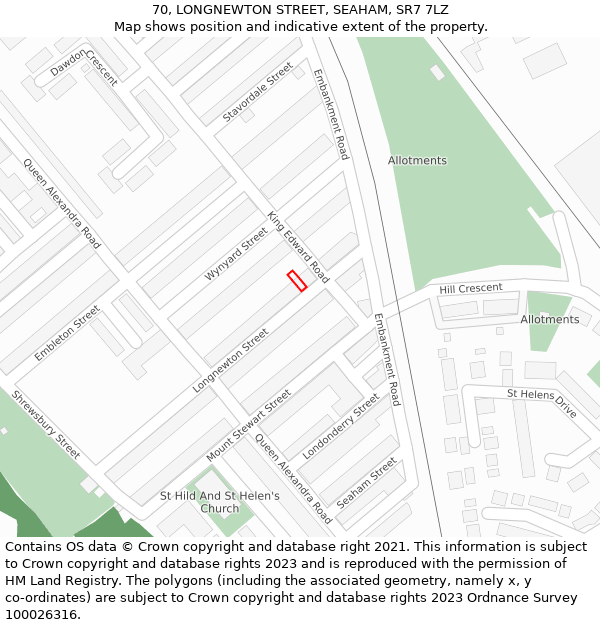 70, LONGNEWTON STREET, SEAHAM, SR7 7LZ: Location map and indicative extent of plot