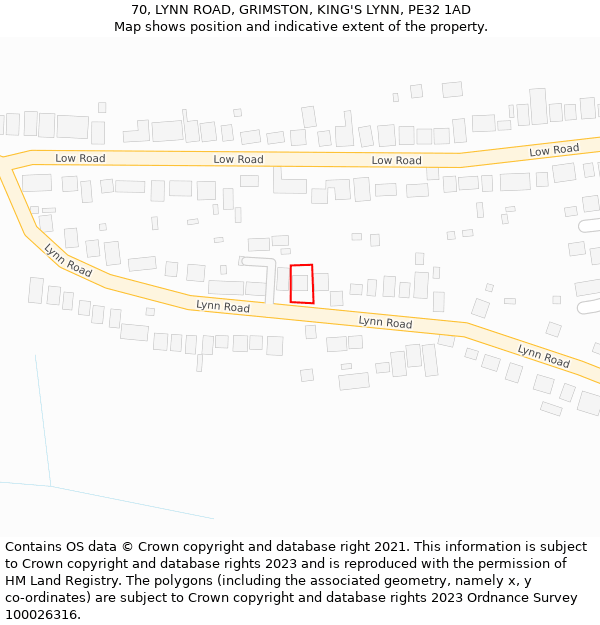 70, LYNN ROAD, GRIMSTON, KING'S LYNN, PE32 1AD: Location map and indicative extent of plot