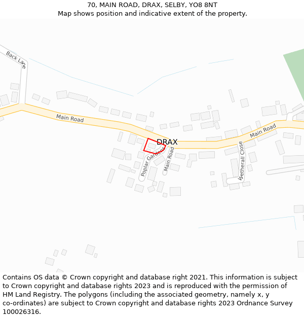 70, MAIN ROAD, DRAX, SELBY, YO8 8NT: Location map and indicative extent of plot