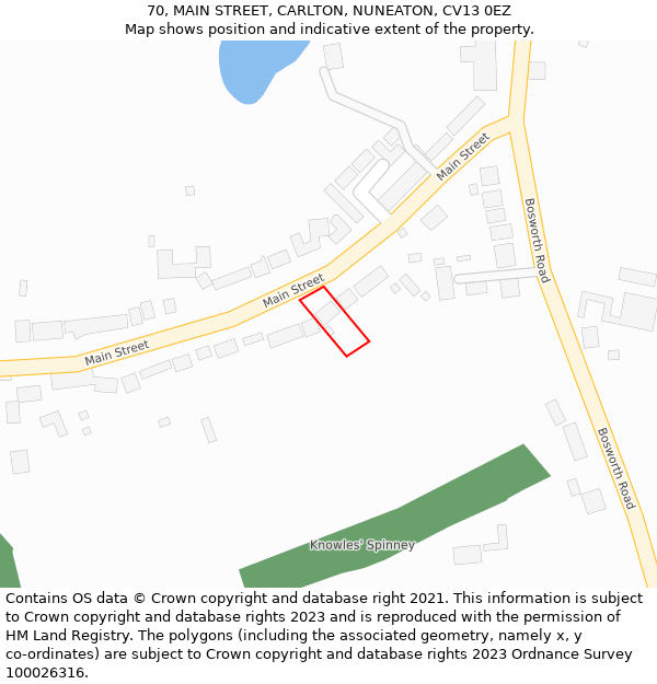 70, MAIN STREET, CARLTON, NUNEATON, CV13 0EZ: Location map and indicative extent of plot