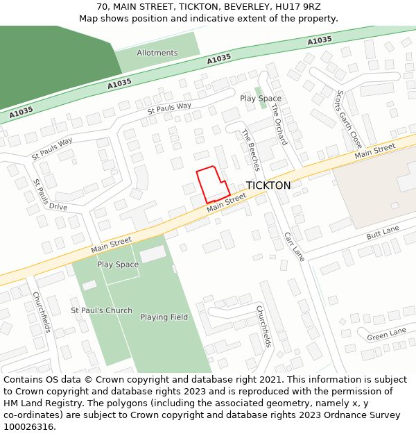 70, MAIN STREET, TICKTON, BEVERLEY, HU17 9RZ: Location map and indicative extent of plot