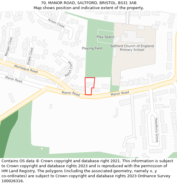 70, MANOR ROAD, SALTFORD, BRISTOL, BS31 3AB: Location map and indicative extent of plot