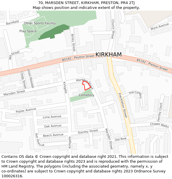 70, MARSDEN STREET, KIRKHAM, PRESTON, PR4 2TJ: Location map and indicative extent of plot