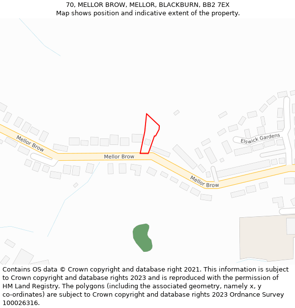 70, MELLOR BROW, MELLOR, BLACKBURN, BB2 7EX: Location map and indicative extent of plot