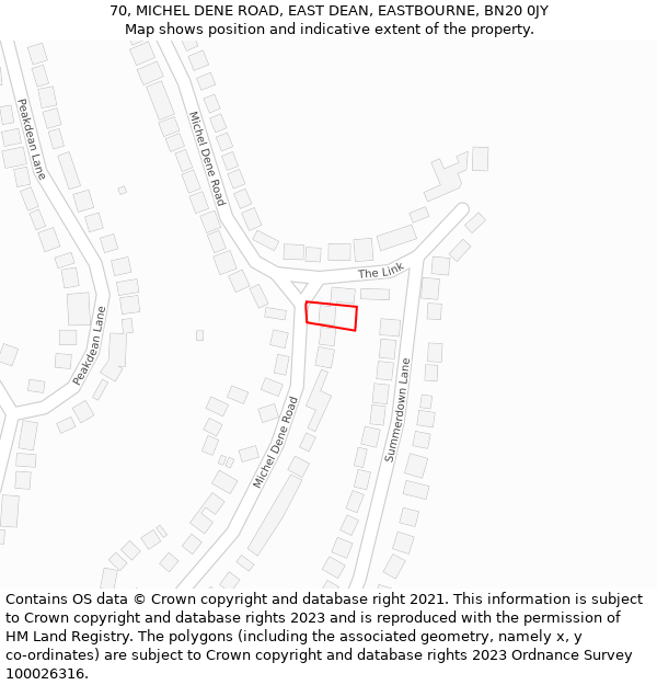 70, MICHEL DENE ROAD, EAST DEAN, EASTBOURNE, BN20 0JY: Location map and indicative extent of plot