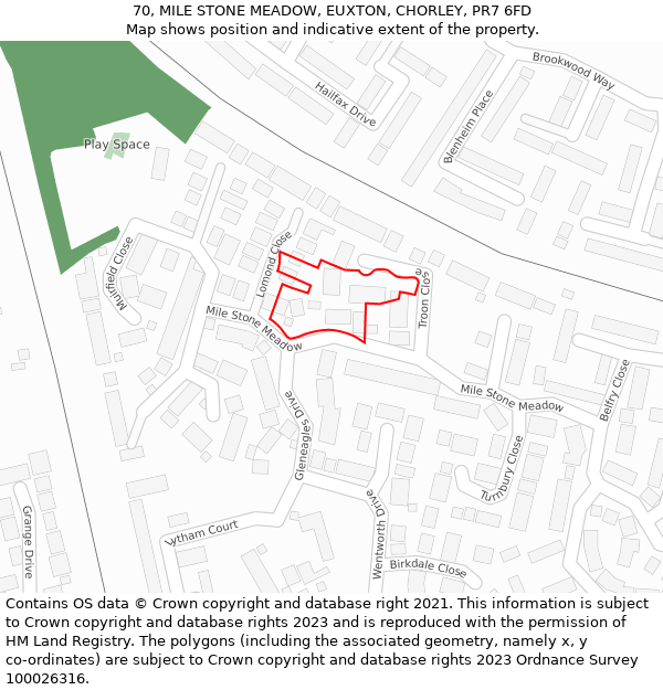 70, MILE STONE MEADOW, EUXTON, CHORLEY, PR7 6FD: Location map and indicative extent of plot