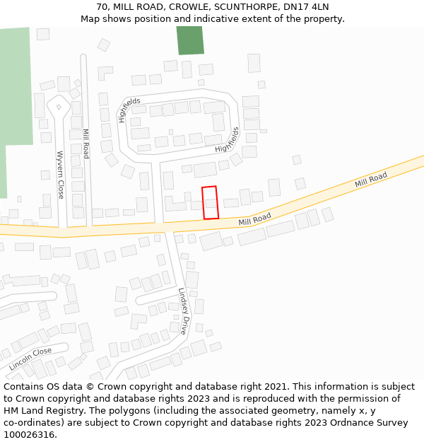 70, MILL ROAD, CROWLE, SCUNTHORPE, DN17 4LN: Location map and indicative extent of plot