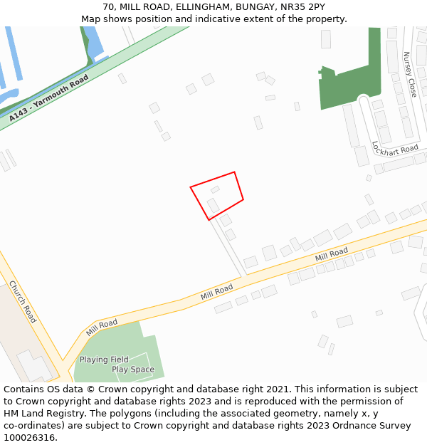 70, MILL ROAD, ELLINGHAM, BUNGAY, NR35 2PY: Location map and indicative extent of plot