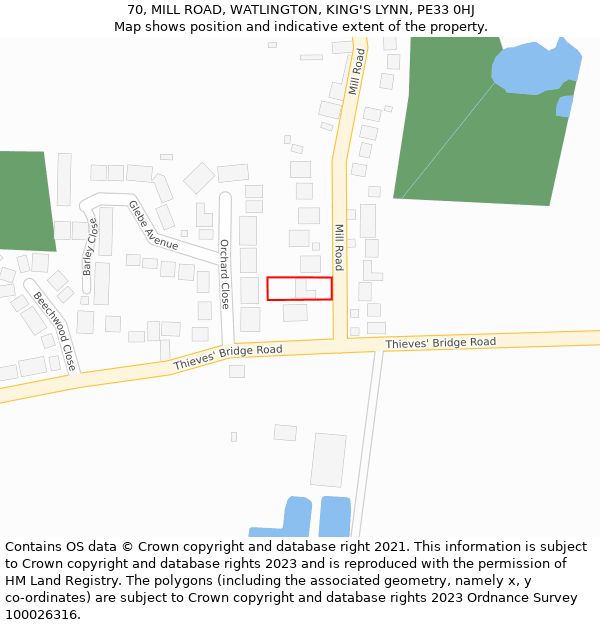 70, MILL ROAD, WATLINGTON, KING'S LYNN, PE33 0HJ: Location map and indicative extent of plot