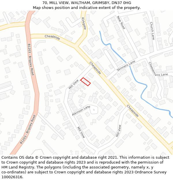 70, MILL VIEW, WALTHAM, GRIMSBY, DN37 0HG: Location map and indicative extent of plot