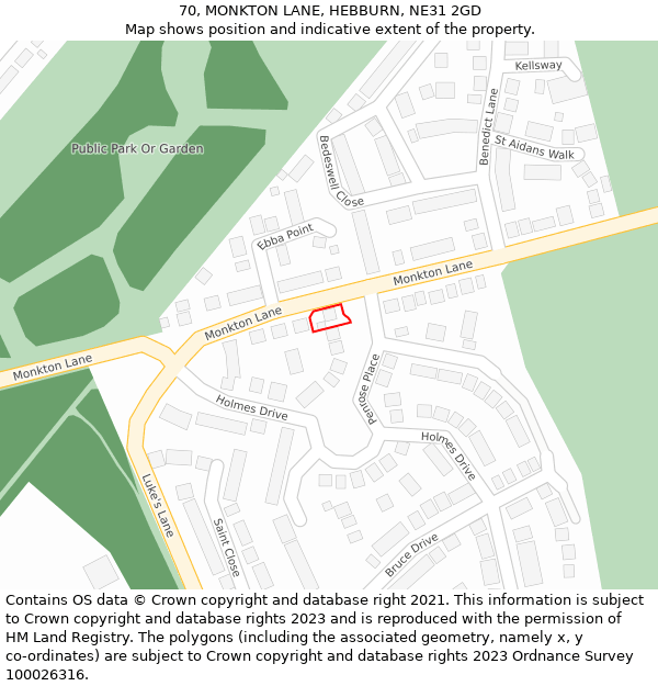 70, MONKTON LANE, HEBBURN, NE31 2GD: Location map and indicative extent of plot