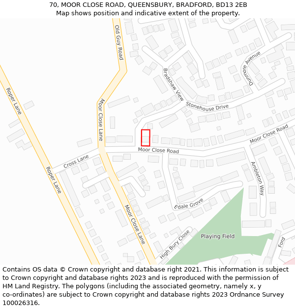 70, MOOR CLOSE ROAD, QUEENSBURY, BRADFORD, BD13 2EB: Location map and indicative extent of plot
