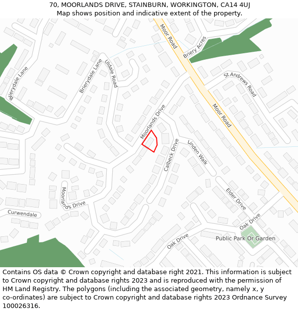 70, MOORLANDS DRIVE, STAINBURN, WORKINGTON, CA14 4UJ: Location map and indicative extent of plot
