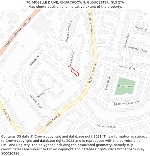 70, MOSELLE DRIVE, CHURCHDOWN, GLOUCESTER, GL3 2TA: Location map and indicative extent of plot