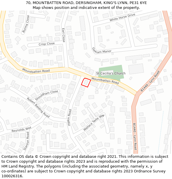 70, MOUNTBATTEN ROAD, DERSINGHAM, KING'S LYNN, PE31 6YE: Location map and indicative extent of plot