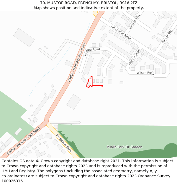 70, MUSTOE ROAD, FRENCHAY, BRISTOL, BS16 2FZ: Location map and indicative extent of plot