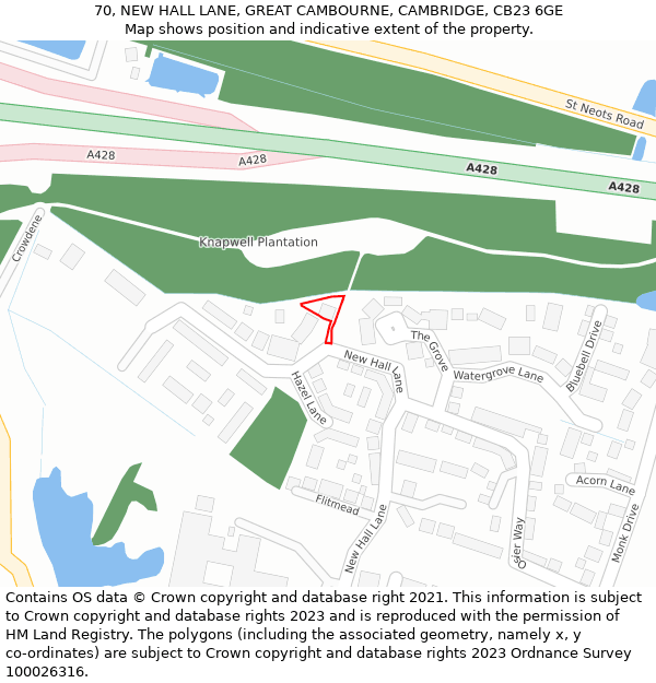 70, NEW HALL LANE, GREAT CAMBOURNE, CAMBRIDGE, CB23 6GE: Location map and indicative extent of plot