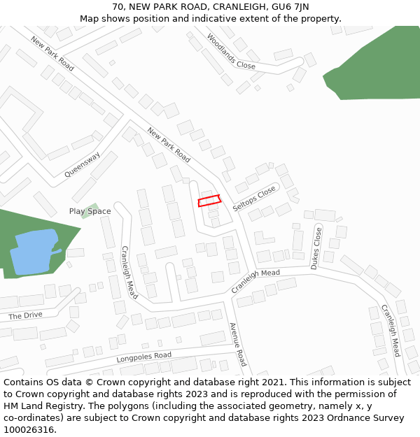 70, NEW PARK ROAD, CRANLEIGH, GU6 7JN: Location map and indicative extent of plot