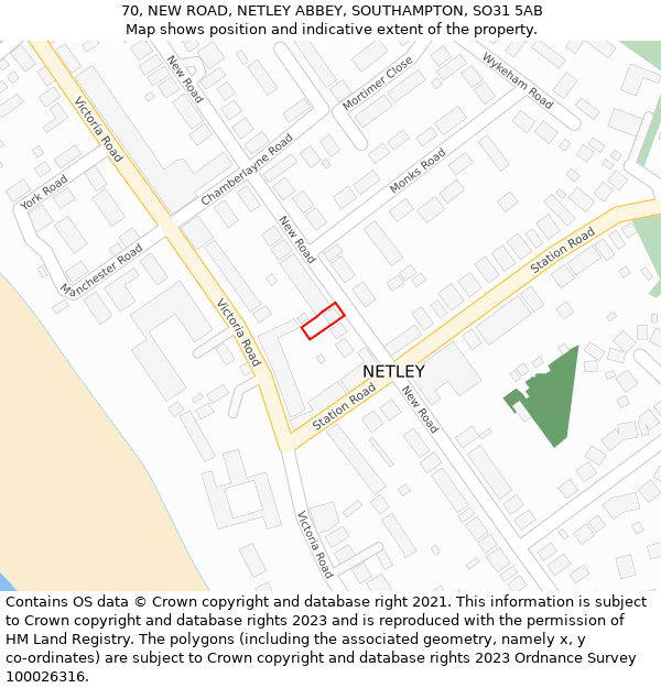 70, NEW ROAD, NETLEY ABBEY, SOUTHAMPTON, SO31 5AB: Location map and indicative extent of plot