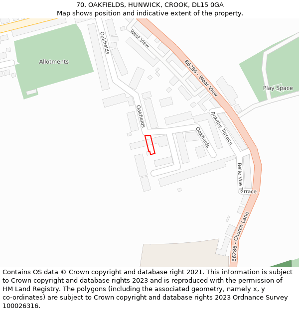 70, OAKFIELDS, HUNWICK, CROOK, DL15 0GA: Location map and indicative extent of plot