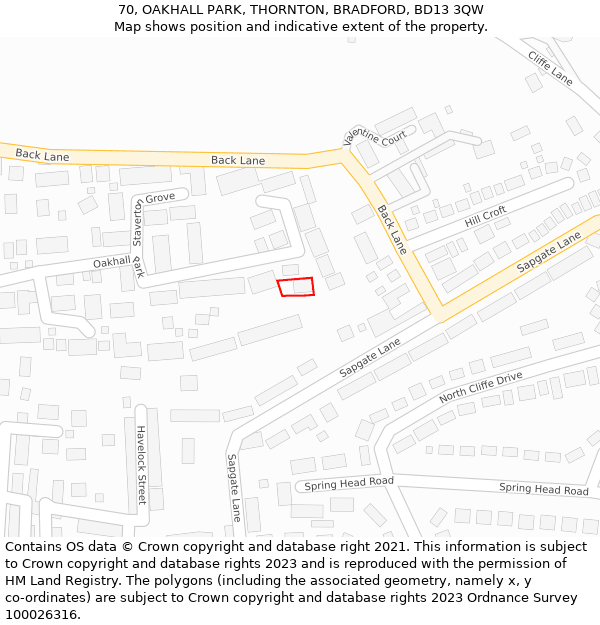 70, OAKHALL PARK, THORNTON, BRADFORD, BD13 3QW: Location map and indicative extent of plot