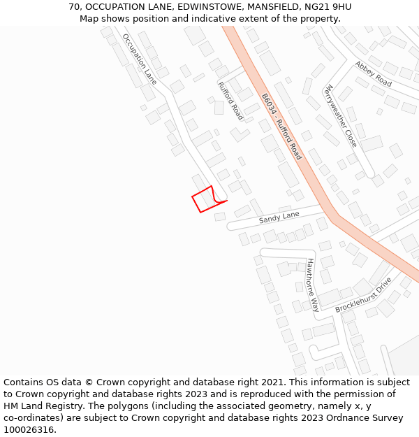 70, OCCUPATION LANE, EDWINSTOWE, MANSFIELD, NG21 9HU: Location map and indicative extent of plot