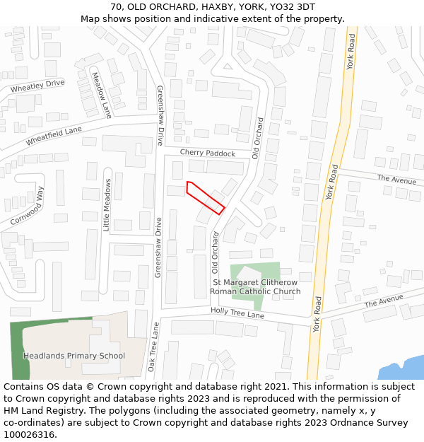 70, OLD ORCHARD, HAXBY, YORK, YO32 3DT: Location map and indicative extent of plot