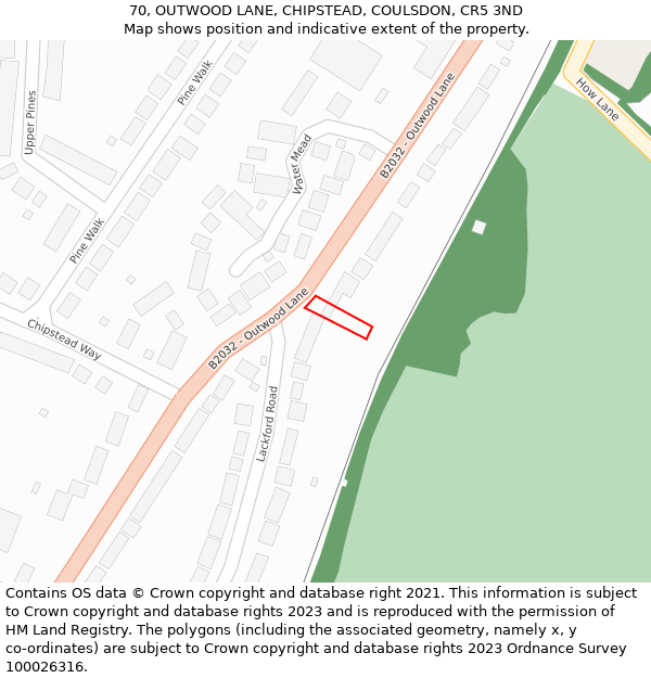 70, OUTWOOD LANE, CHIPSTEAD, COULSDON, CR5 3ND: Location map and indicative extent of plot