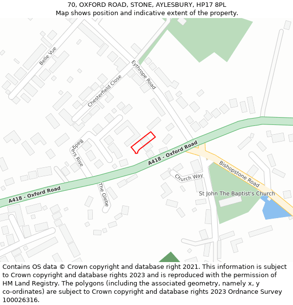 70, OXFORD ROAD, STONE, AYLESBURY, HP17 8PL: Location map and indicative extent of plot
