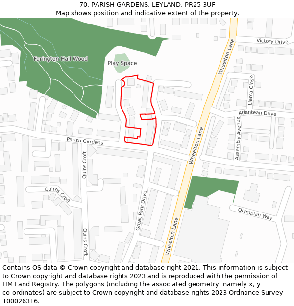 70, PARISH GARDENS, LEYLAND, PR25 3UF: Location map and indicative extent of plot