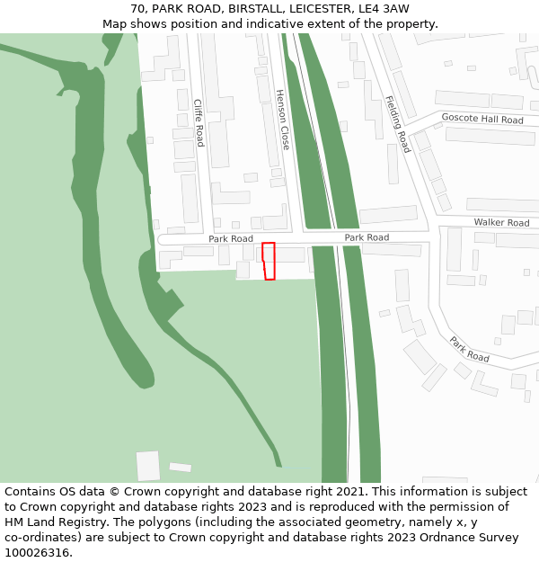 70, PARK ROAD, BIRSTALL, LEICESTER, LE4 3AW: Location map and indicative extent of plot