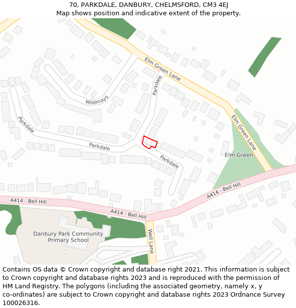 70, PARKDALE, DANBURY, CHELMSFORD, CM3 4EJ: Location map and indicative extent of plot