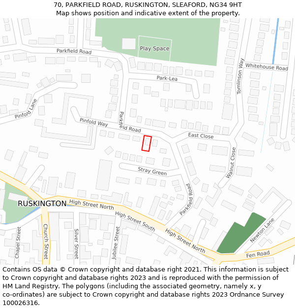 70, PARKFIELD ROAD, RUSKINGTON, SLEAFORD, NG34 9HT: Location map and indicative extent of plot