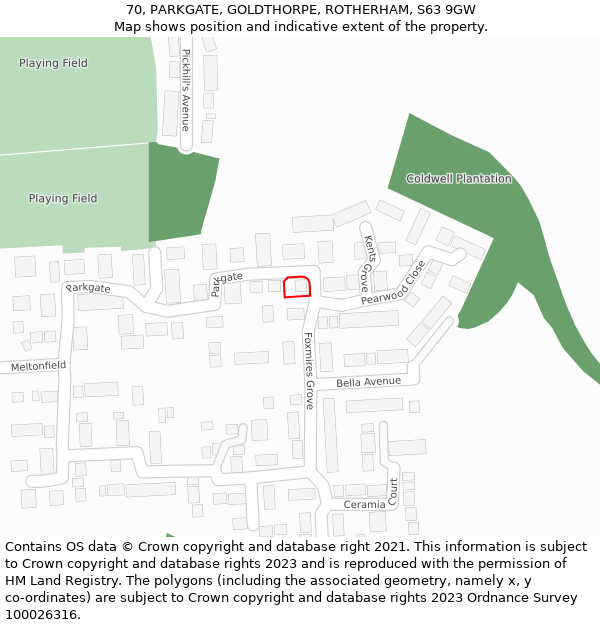 70, PARKGATE, GOLDTHORPE, ROTHERHAM, S63 9GW: Location map and indicative extent of plot