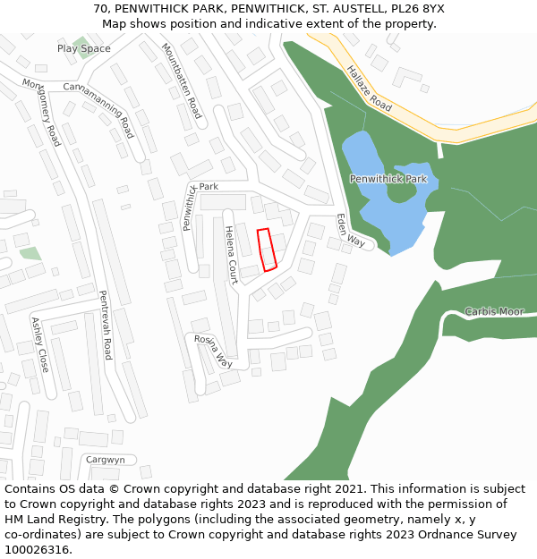 70, PENWITHICK PARK, PENWITHICK, ST. AUSTELL, PL26 8YX: Location map and indicative extent of plot