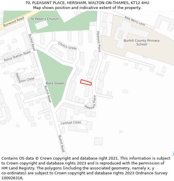 70, PLEASANT PLACE, HERSHAM, WALTON-ON-THAMES, KT12 4HU: Location map and indicative extent of plot